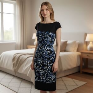 LAUREN RALPH LAUREN Dress Women's Size 4 Black Blue Floral Cap Sleeve Sheath